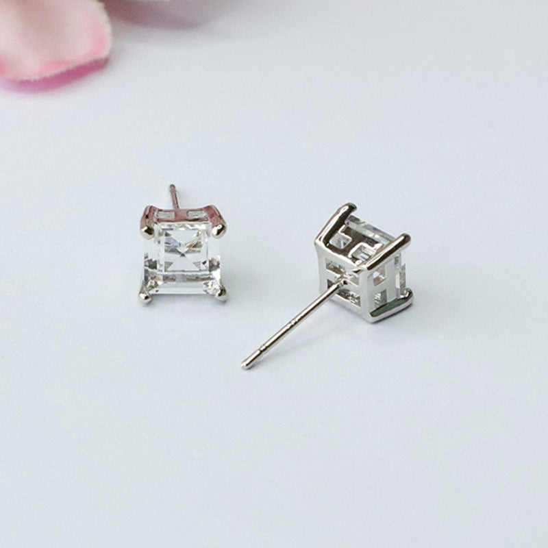 Genuine White Crystal Princess Square Earrings S925 Silver Needle Earrings CB3100812 