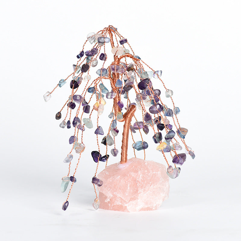 Pink crystal base, silk-wrapped crystal tree ornaments, handicrafts, amethyst crystal tree, home office desk, creative tree decoration 