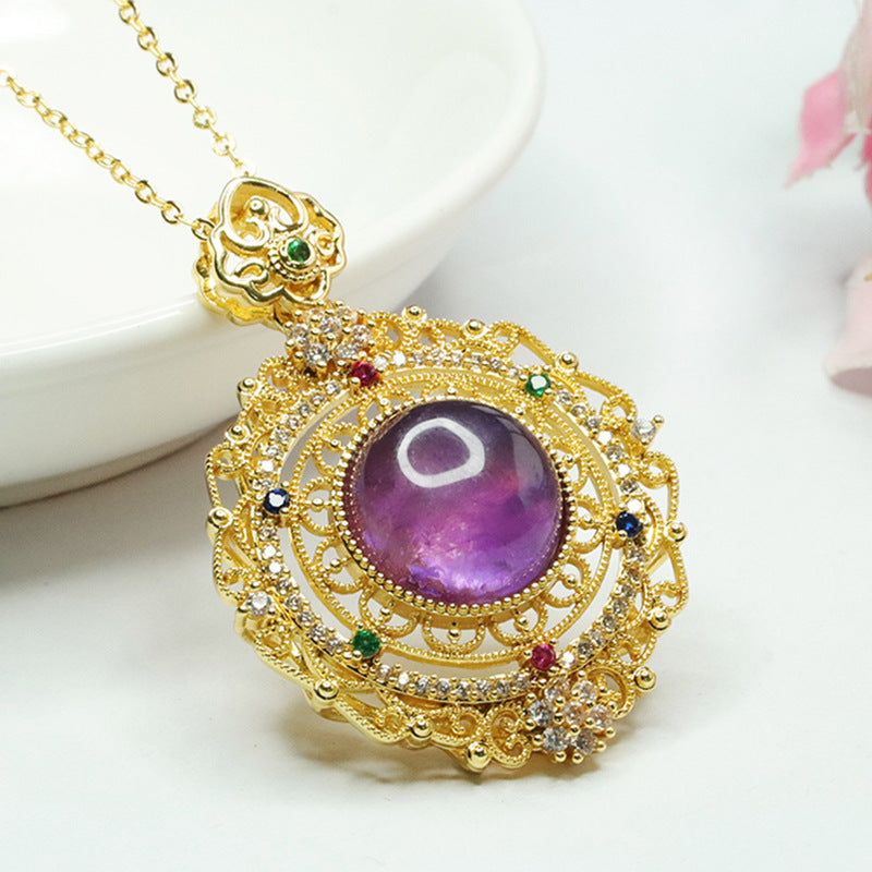 Natural Amethyst Pendant Purple Gemstone Baroque Retro Necklace for Women CB3091006 