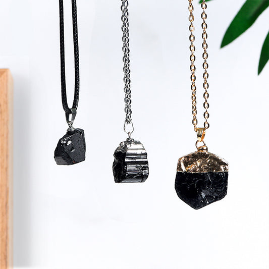 Natural black tourmaline electroplated pendant large quantity spot natural crystal raw stone handmade diy pendant necklace 