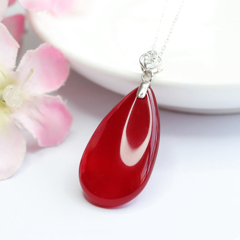 S925 silver inlaid with natural red agate pendant chalcedony drop necklace MN3110101