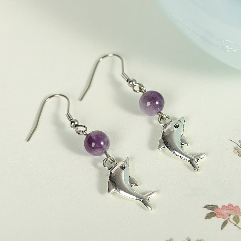 Light luxury fashion amethyst rose quartz earrings high-end design dolphin personality hot-selling new earrings 