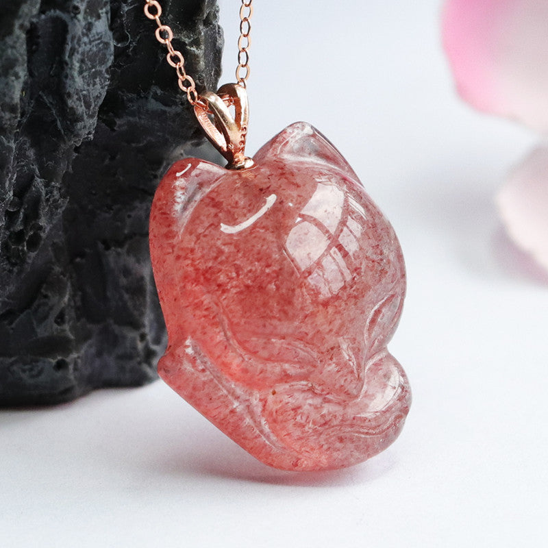 S925 Silver Inlaid Natural Strawberry Crystal Little Fox Pendant Pigeon Blood Red Jewelry Live Delivery CB2042402 