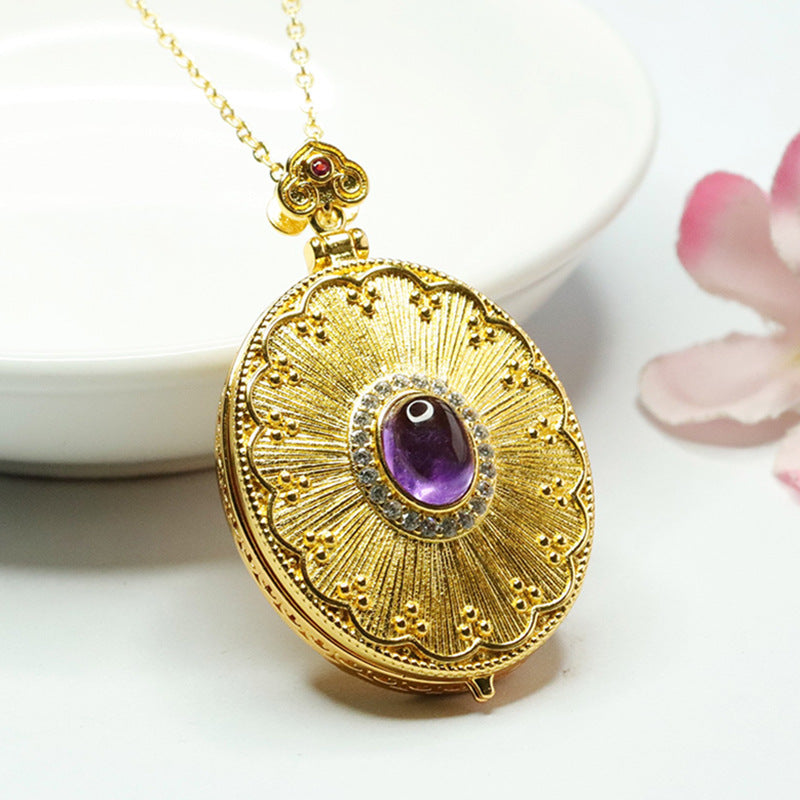 Natural Amethyst Pendant Purple Gemstone Guanyin Photo Box Necklace Antique Jewelry CB3091004 