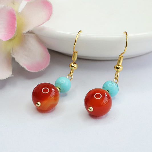 Natural red agate earrings, wire-wrapped striped chalcedony ear hook earrings MN4010102