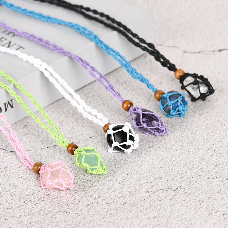 Natural mesh crystal pendant wrapped around silk European and American pink and white irregular stone necklace accessories 