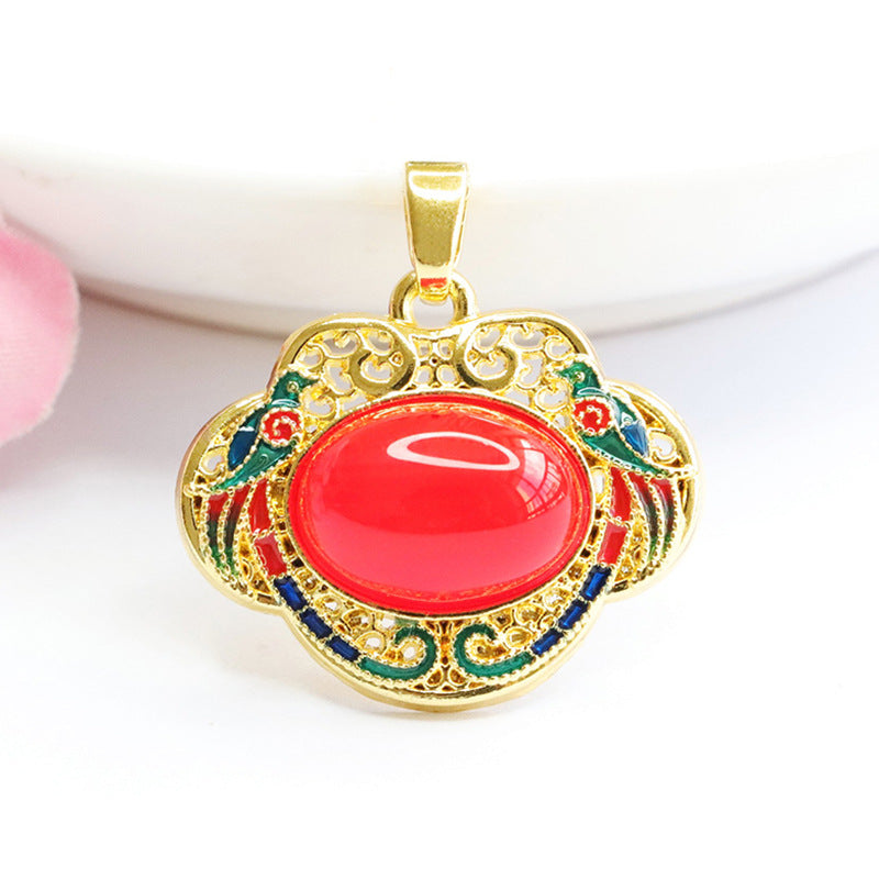 Natural red agate Ruyi pendant enamel green chalcedony necklace national trend MN3110611