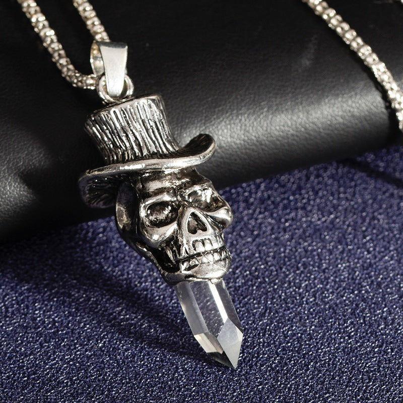 European and American style jewelry punk style skull pirate metal white crystal original stone column pendant necklace 