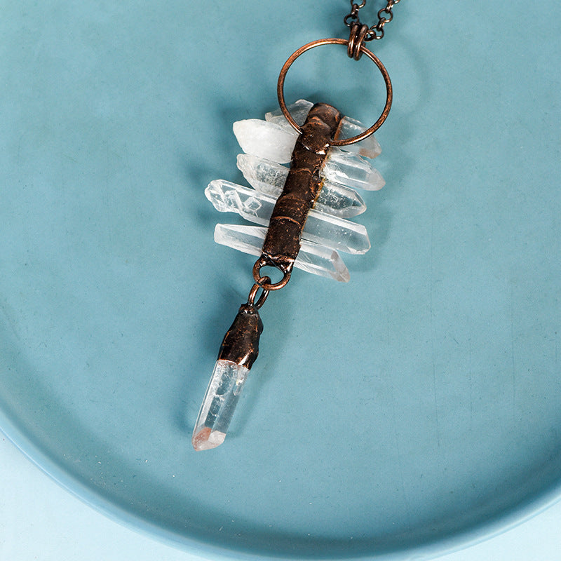 Natural white crystal bar retro pendant wrapped around silk European and American pink and white irregular stone necklace 