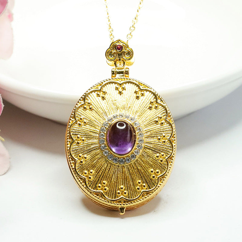 Natural Amethyst Pendant Purple Gemstone Guanyin Photo Box Necklace Antique Jewelry CB3091004 