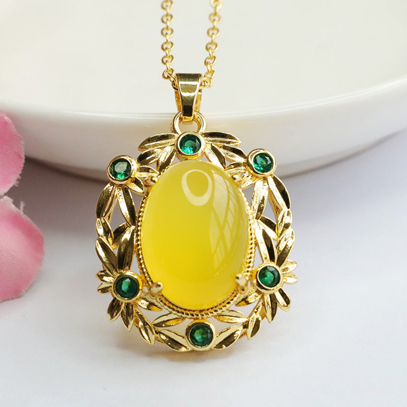 Natural Chrysoprase Wreath Pendant Red Onyx Yellow Chalcedony Necklace Retro MN3110512