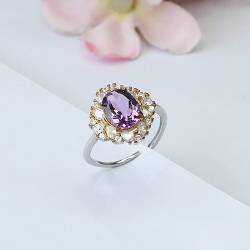 S925 silver inlaid natural amethyst ring purple colored gemstone ring CB3100107 