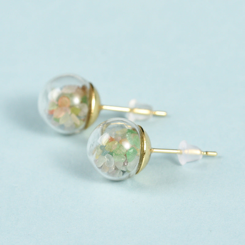 Foreign trade jewelry natural crystal gravel round spherical earrings creative simple and elegant handmade earrings 