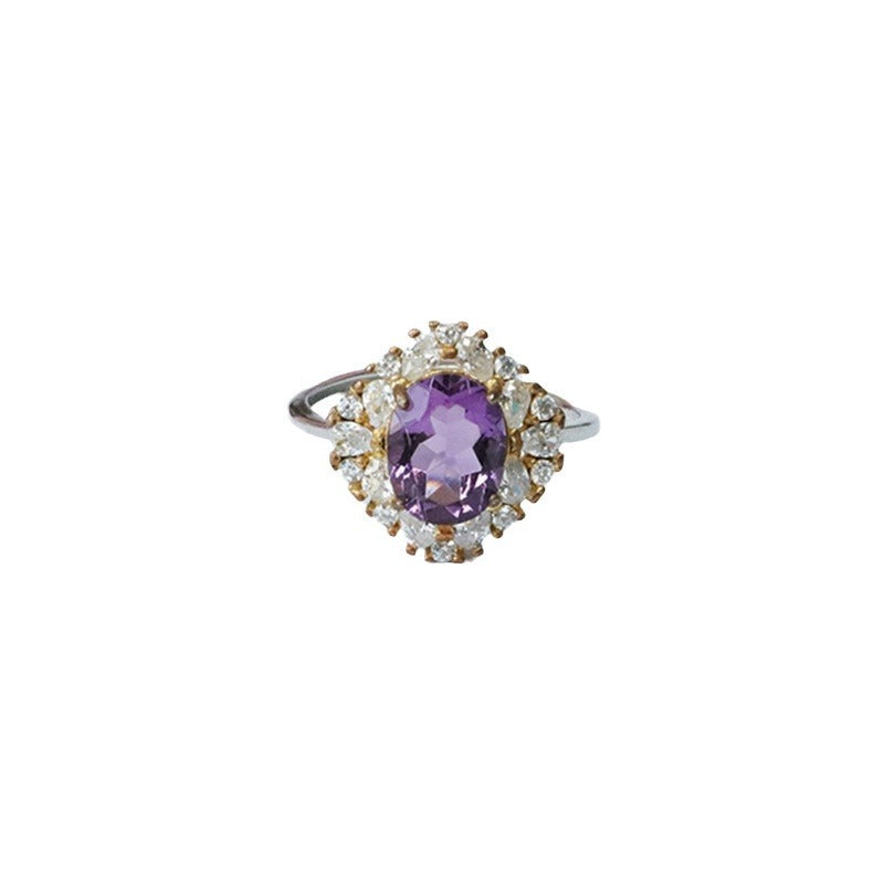 S925 silver inlaid natural amethyst ring purple colored gemstone ring CB3100107 