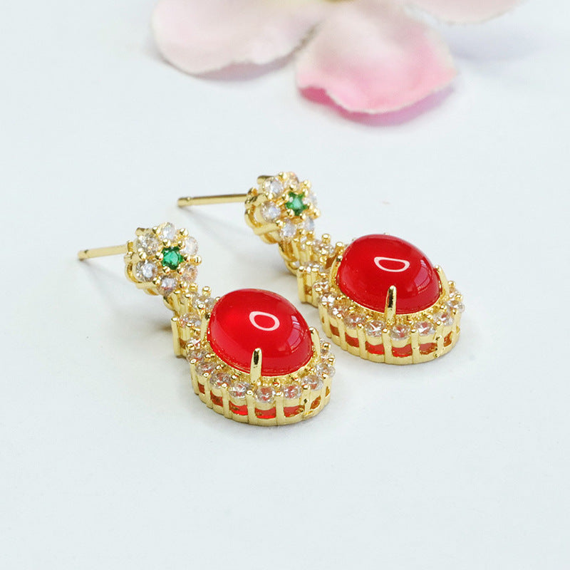 Natural red agate three-piece pendant earrings ring chalcedony set MN3121205