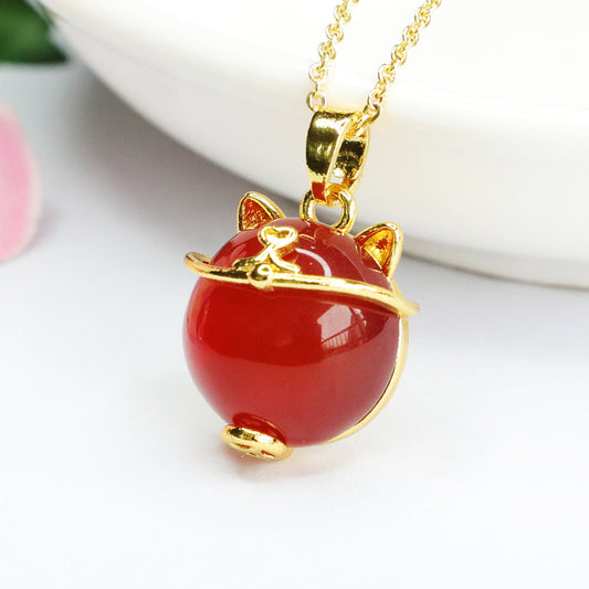 Carnelian Pendant Chalcedony Lucky Cat Jewelry MN3041103