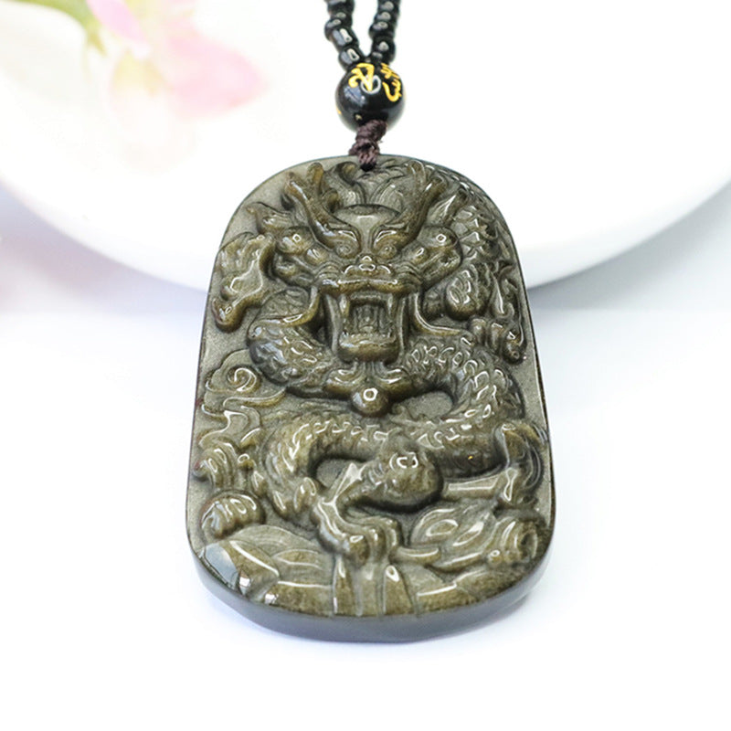 Gold obsidian stone dragon brand pendant gold sand obsidian necklace for men CB3101312 