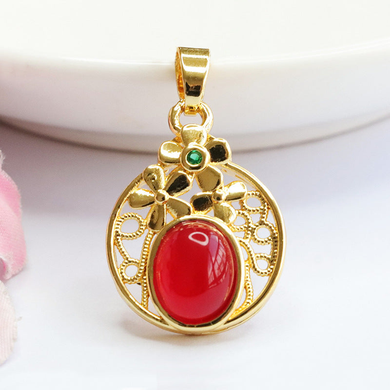 Natural red agate flower pendant hollow chrysoprase necklace ethnic style MN3110607