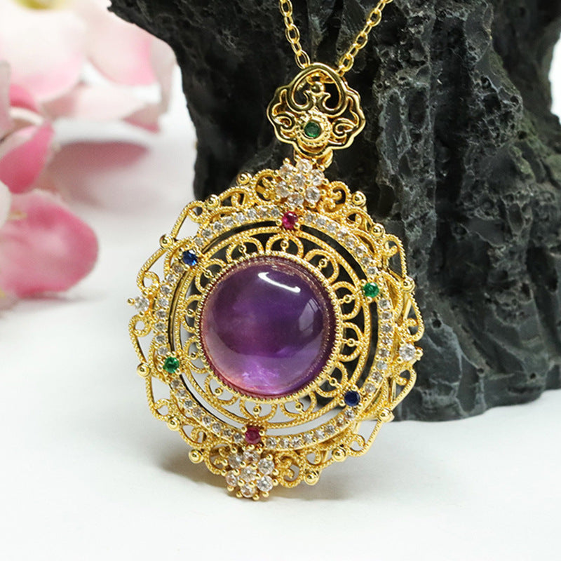 Natural Amethyst Pendant Purple Gemstone Baroque Retro Necklace for Women CB3091006 