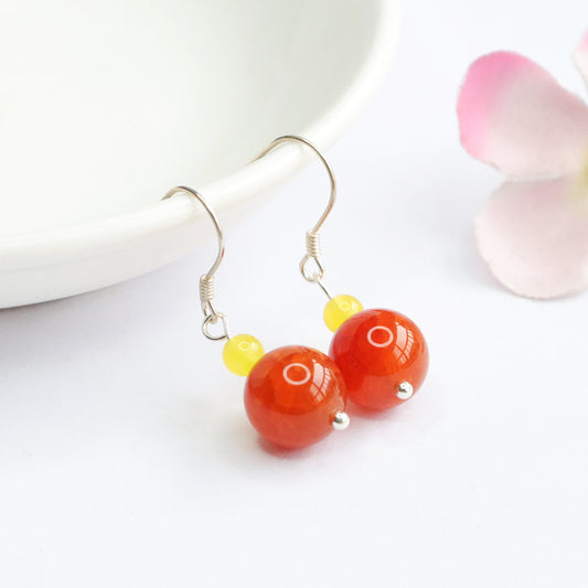 S925 Silver Natural Red Agate Ear Hook Agate Ball Bead Earrings MN2061506