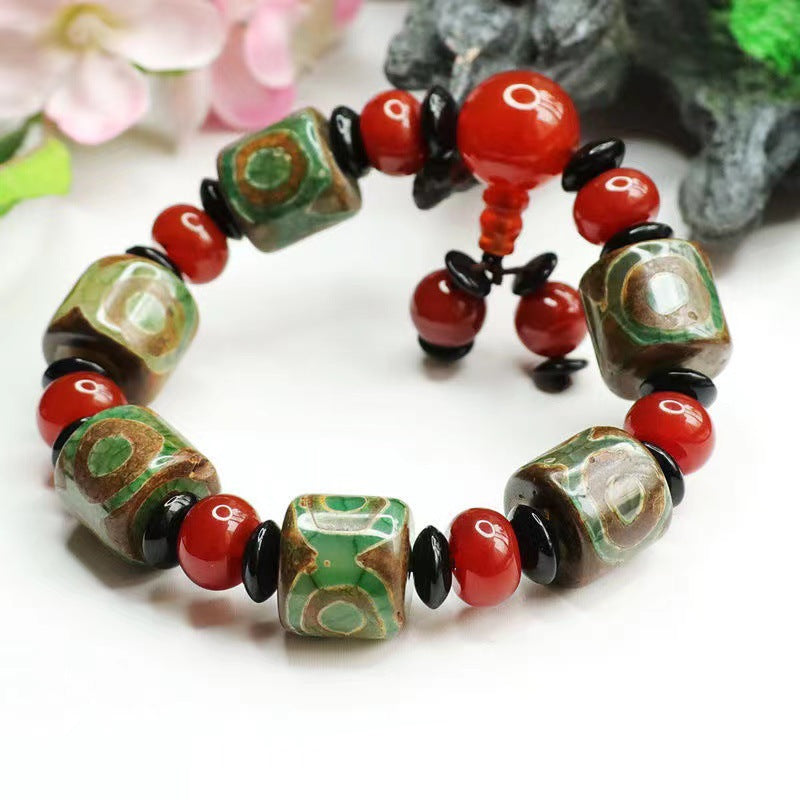 Three-eyed Dzi Beads Red Agate Bucket Beads Bracelet Jewelry MN1122578