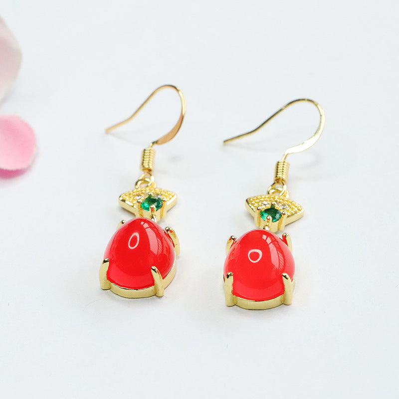 Ice green chalcedony ear red agate ear hook earrings for women new Chinese style MN4013011