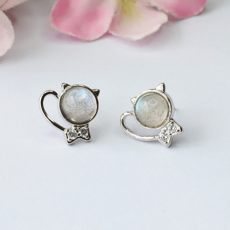 Natural Moonstone Cat S925 Silver Needle Earrings Labradorite Earrings CB3100313 