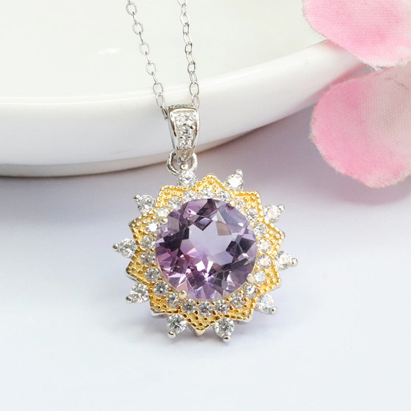 S925 silver inlaid with natural amethyst pendant purple colorful gem necklace CB3110106 