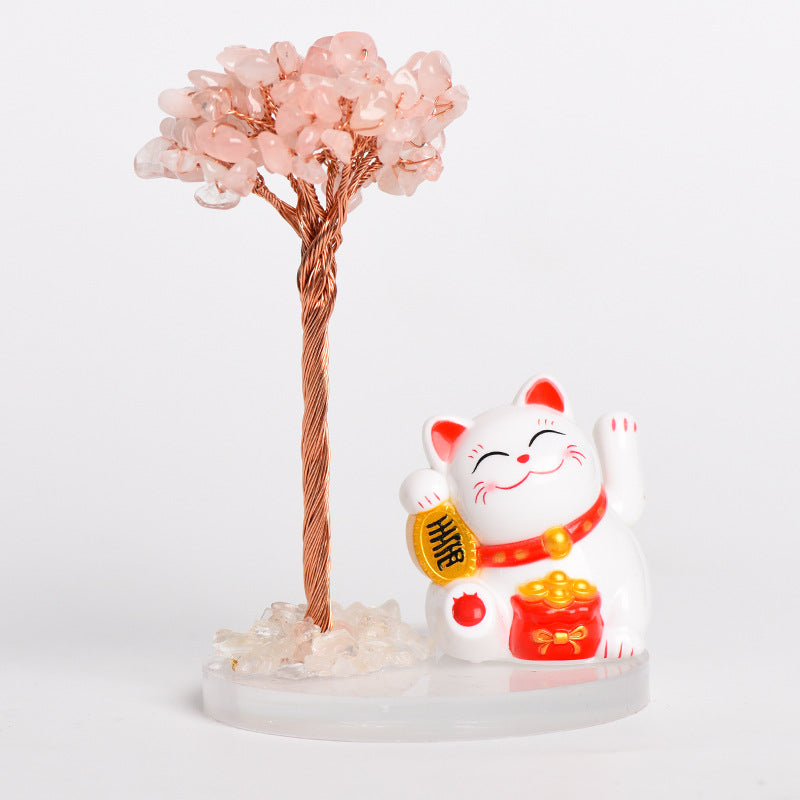 Natural crystal tree gravel ornaments crystal tree home creative office decoration crafts white cat style 