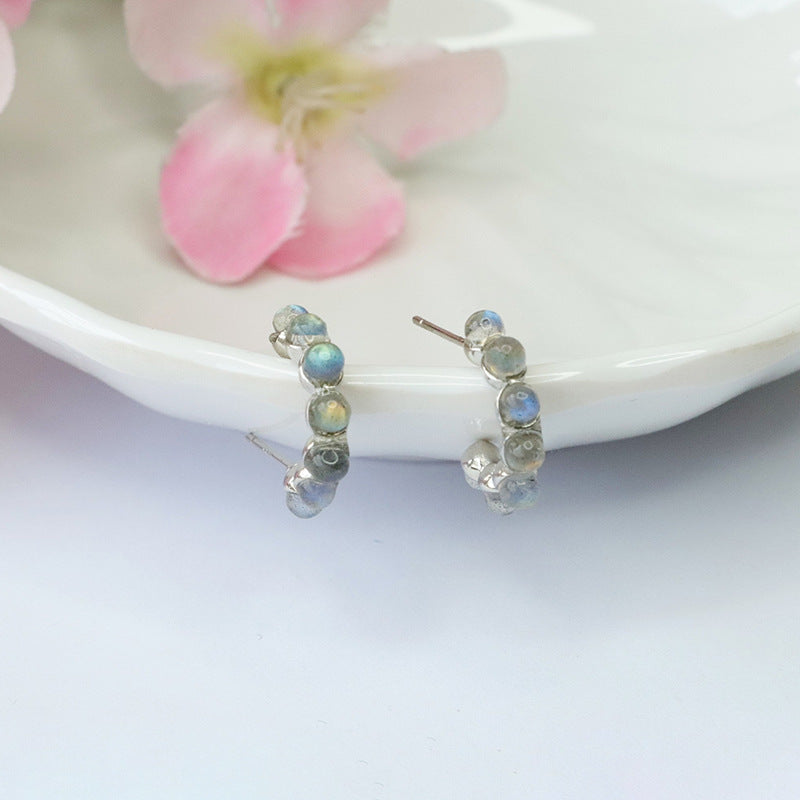 Natural Moonstone S925 Silver Needle Earrings Labradorite Strong Blue Light Earrings CB3100312 