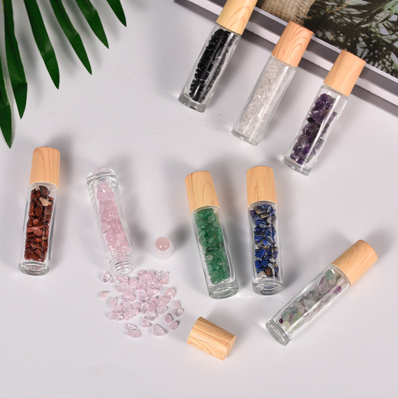 Manufacturer's hot-selling spot 10ml wood grain cap essential oil rolling ball bottle perfume bottle crystal gravel jade rolling ball bottle 