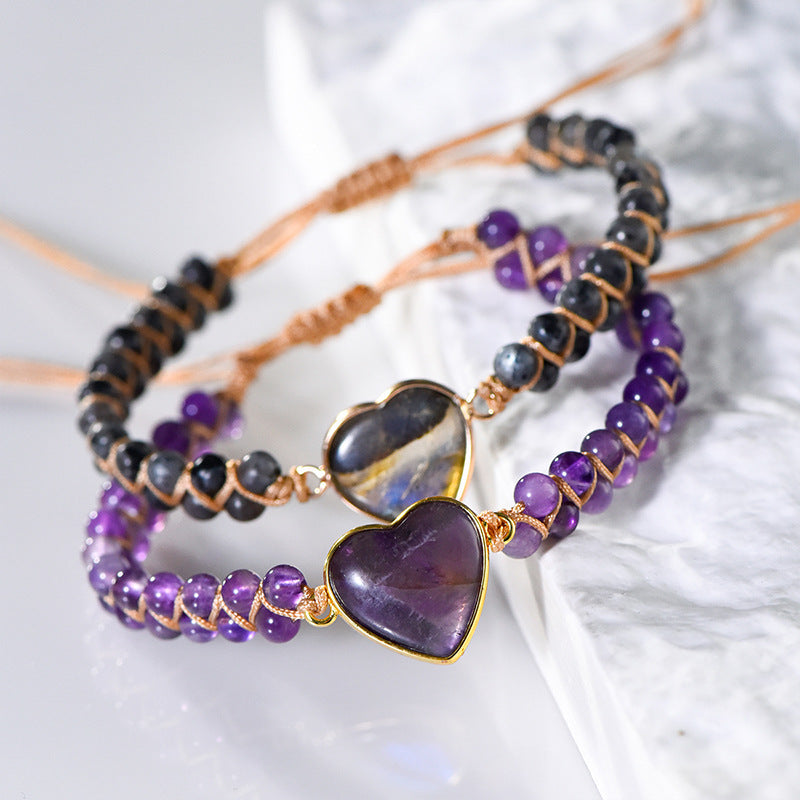 New hand-woven peach heart labradorite bracelet wrapped with amethyst heart-shaped stone adjustable women's bracelet 