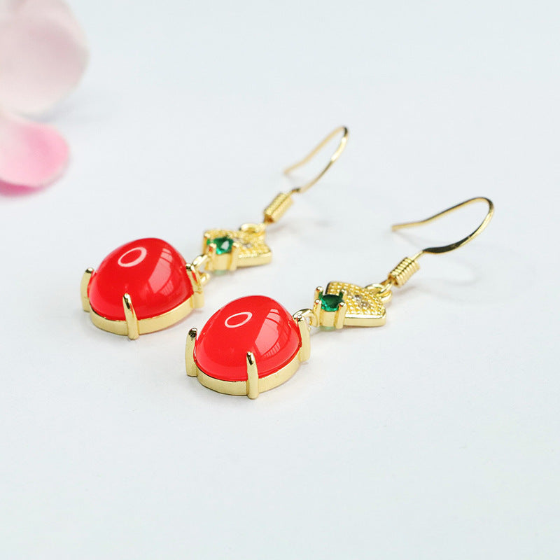 Ice green chalcedony ear red agate ear hook earrings for women new Chinese style MN4013011