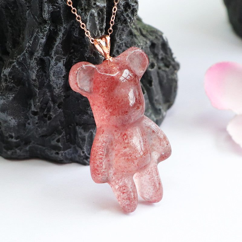 S925 Silver Inlaid Natural Strawberry Crystal Violent Bear Pendant Pigeon Blood Red Jewelry Live Delivery CB2042401 