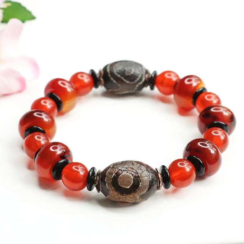 Three Eyes Dzi Bead Bracelet Red Agate Bracelet Chalcedony Jewelry MN1122580