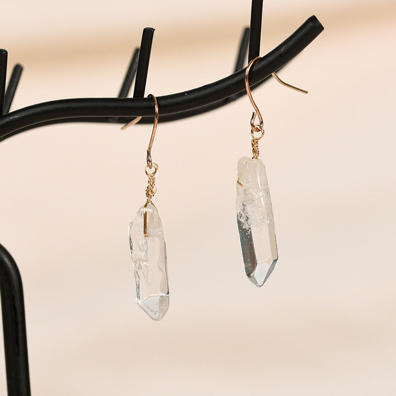 Wholesale natural white crystal column earrings, simple women's long earrings, irregular raw stone earrings 