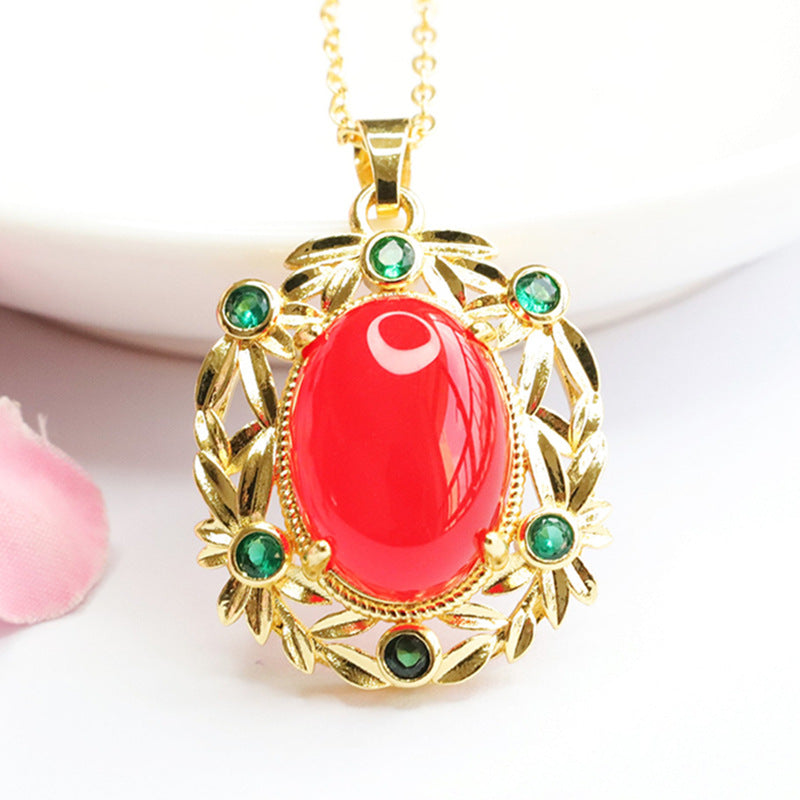 Natural Chrysoprase Wreath Pendant Red Onyx Yellow Chalcedony Necklace Retro MN3110512