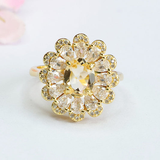 Natural Citrine Ring Sunflower Crystal Finger Ring Female CB3080112 