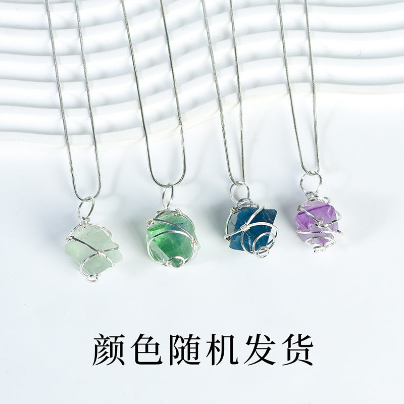 Natural white crystal polished silver wire pendant hand-wound fluorite octahedron planet necklace jewelry 