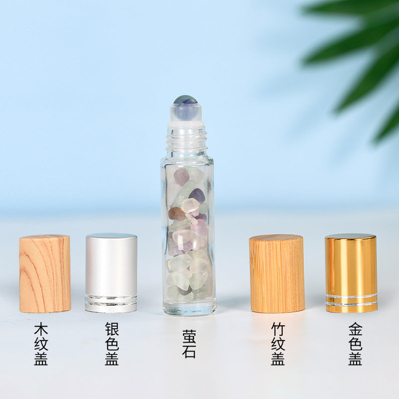 Manufacturer's hot-selling spot 10ml wood grain cap essential oil rolling ball bottle perfume bottle crystal gravel jade rolling ball bottle 