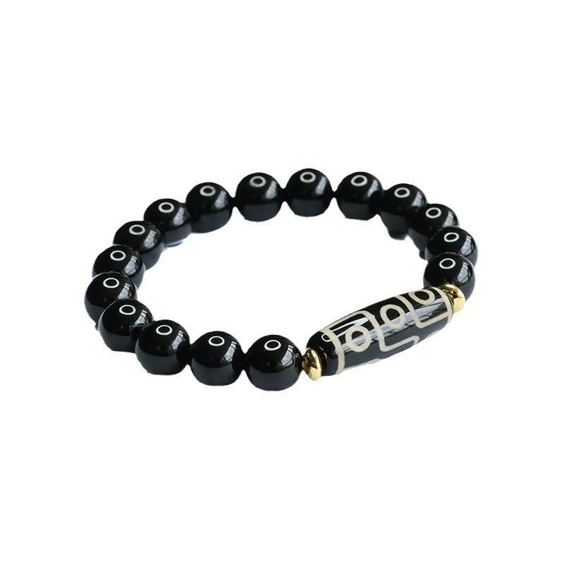 Nine Eyes Dzi Bead Bracelet Black Agate Bracelet Crystal Jewelry MN3063001 