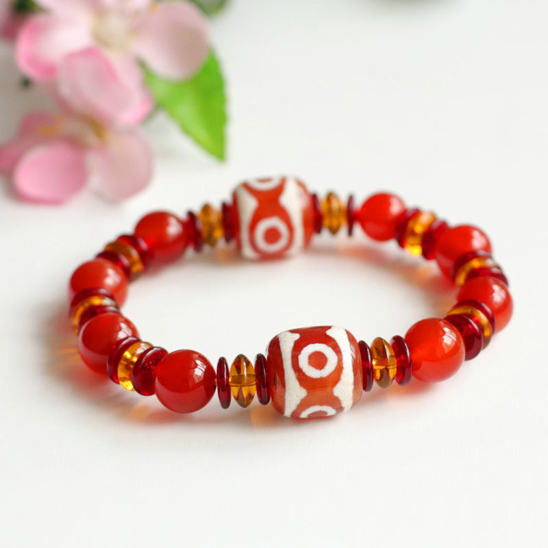 Three Eyes Dzi Bead Bracelet Tibetan Jewelry Red Agate Bracelet MN1122561