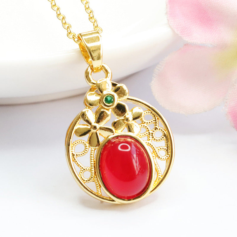 Natural red agate flower pendant hollow chrysoprase necklace ethnic style MN3110607