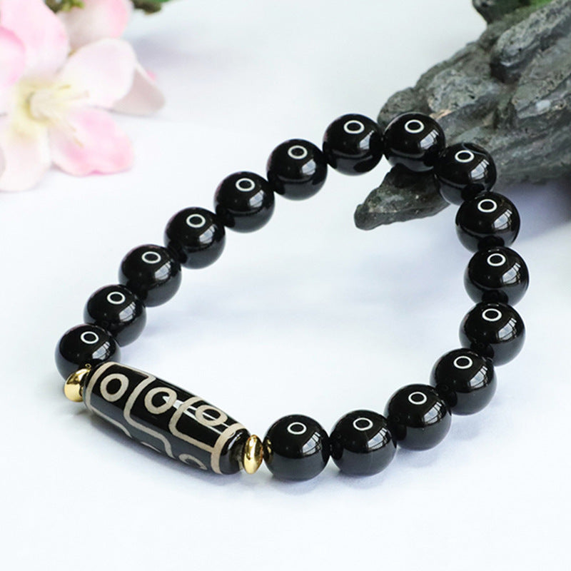 Nine Eyes Dzi Bead Bracelet Black Agate Bracelet Crystal Jewelry MN3063001 