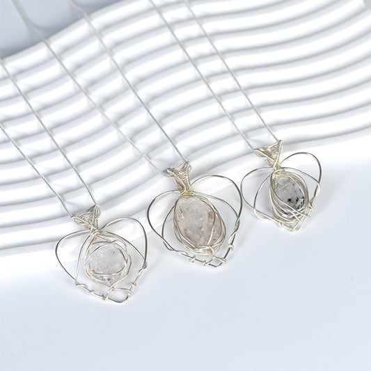 Natural crystal faceted polished silver wire pendant hand-wound heart-shaped necklace jewelry accessories factory 