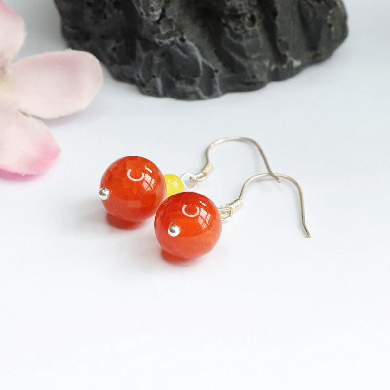 S925 Silver Natural Red Agate Ear Hook Agate Ball Bead Earrings MN2061506