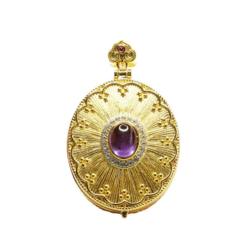 Natural Amethyst Pendant Purple Gemstone Guanyin Photo Box Necklace Antique Jewelry CB3091004 