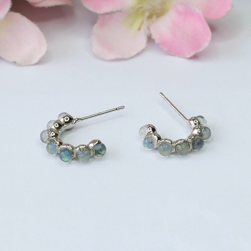 Natural Moonstone S925 Silver Needle Earrings Labradorite Strong Blue Light Earrings CB3100312 