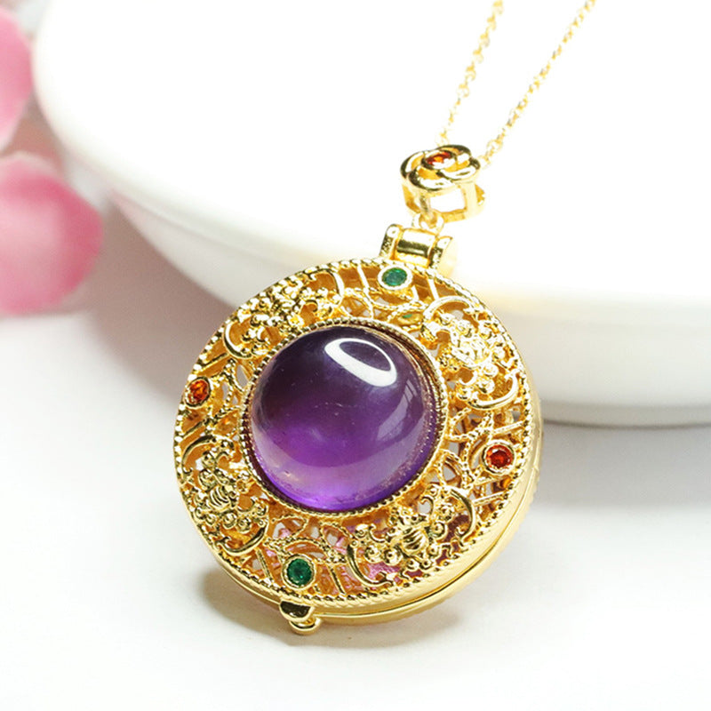 Natural Amethyst Pendant Purple Gem Sachet Openable Necklace CB3091005 