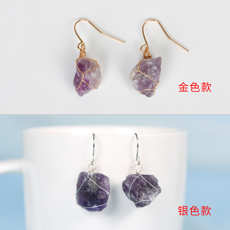 Hot selling natural crystal mixed irregular raw stone earrings creative simple women's handmade earrings 